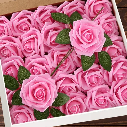 Vista 14 de Higfra Flores artificiales, 25 unidades, rosas falsas de espuma negra de aspecto real con tallos para ramos de boda, centros de mesa de despedida