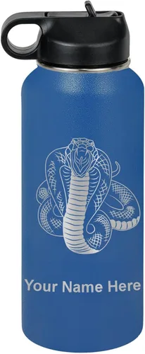 Vista 52 de LaserGram Botella de agua personalizada, serpiente de cobra, acero inoxidable de doble pared aislada al vacío con popote superior, regalo grabado
