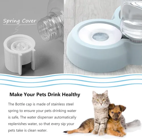 Vista 3 de Juego de cuencos para perros y cachorros con dispensador de agua y tazón de acero inoxidable, tapete antideslizante, comedero desmontable para Azul