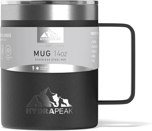 Vista 2 de Hydrapeak - Taza de viaje con doble aislamiento al vacío, de acero inoxidable, con asa integrada y tapa a presión (354.88 ml), Taza de café, Negro