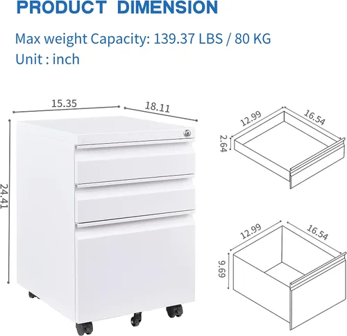 Vista 2 de Archivador móvil de 3 cajones con cerradura, archivador de almacenamiento de oficina para tamaño legal/carta, archivador de metal premontado debajo