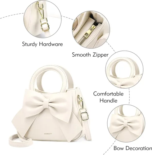 Vista 5 de Bolsos pequeños para mujeres tipo bandolera, bolso cruzado de cuero vegano y carteras con asa superior de transporte y lindo nudo de lazo