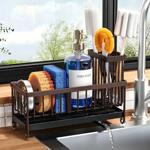 Vista 20 de Cisily Soporte de esponja negro extra grande para fregadero de cocina, organizador de fregadero con soporte alto para cepillos, organizadores