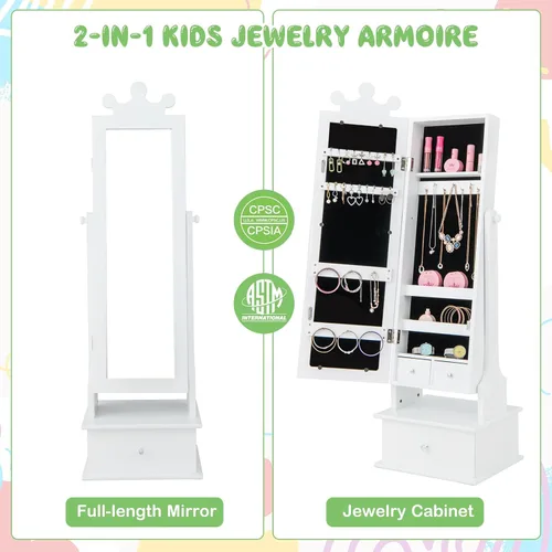 Vista 4 de GOFLAME Armario de joyería para niños, armario de joyería para niños con espejo de longitud completa y cajones de almacenamiento, organizador