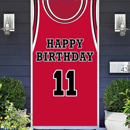 Vista 7 de Cartel de feliz cumpleaños 10 pancarta de fondo rojo de baloncesto estrella jugador de deportes decoración para hombre niño 10 cumpleaños