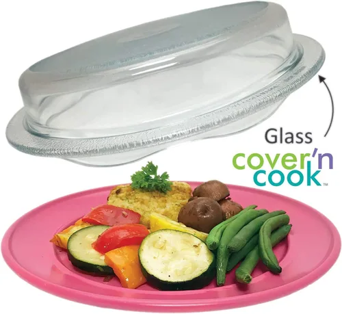 Vista 2 de Cuchina Safe Cubierta 2 en 1 'Cover 'n Cook' de Vidrio con Ventilación para Platos de Microondas y Fuente para Hornear; Fácil de Agarrar