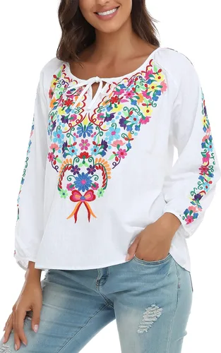 Vista 6 de YZXDORWJ CAMISA bordada mexicana para mujer