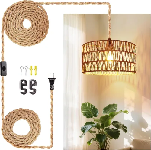 Vista 12 de Lámpara colgante con cable de enchufe con interruptor de encendido y apagado, luces colgantes de ratán, lámpara de techo bohemia, lámpara colgante