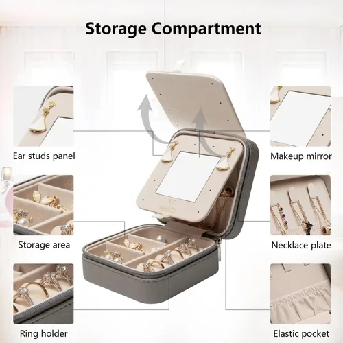 Vista 3 de Vee - Joyero de viaje pequeño, organizador de joyas portátil con espejo, estuche de almacenamiento para aretes, anillos, collares, regalo