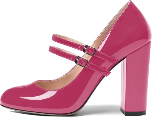 Vista 2 de SHOWFOREST Zapatos de tacón alto con correa ajustable y puntera redonda para mujer, de 4 pulgadas