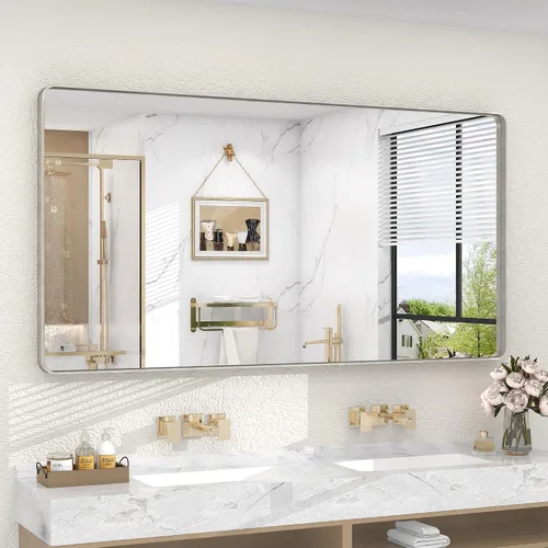 Vista 52 de Paquete de 2 espejos de baño con marco de metal negro de 22 x 30 pulgadas, espejo rectangular redondeado negro mate, antioxidante, se cuelga