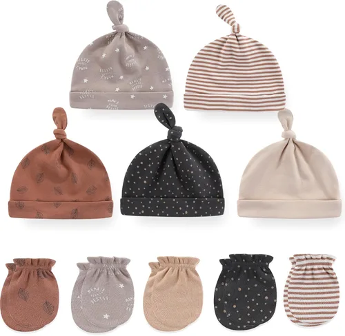 Vista 12 de MAMIMAKA Conjunto de gorro y manoplas para bebé recién nacido, gorras para bebés, niños y niñas de 0 a 6 meses, 100% algodón Oso/Marrón/Beige Hpgm34