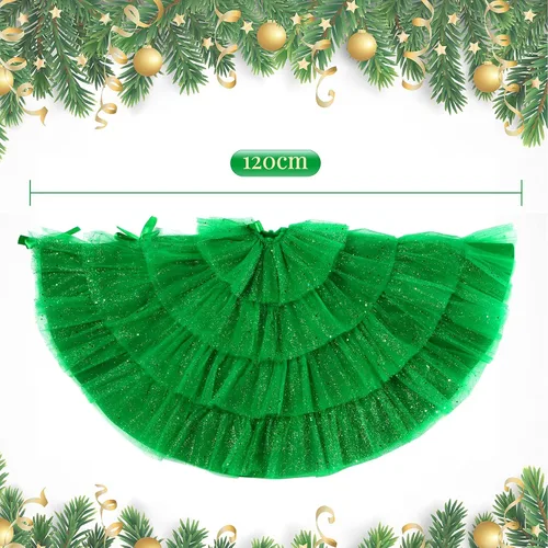 Vista 2 de Tatuo Falda de árbol de Navidad con volantes de 4 capas de tul redonda esponjosa y brillante, adorno para decoración de Navidad y vacaciones