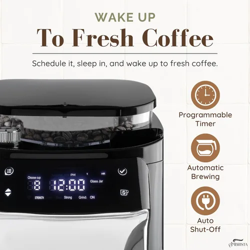 Vista 2 de Cafetera digital de goteo de 12 tazas con molinillo de rebabas integrado, máquina de café programable, filtro reutilizable y tanque de agua