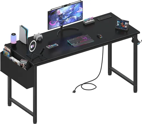 Vista 9 de Lufeiya Escritorio para computadora de 39 pulgadas con toma de corriente, mesa de estudio para adolescentes de 40 pulgadas, escritorio de trabajo