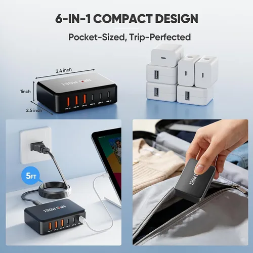 Vista 8 de GaN - Estación de carga de 130 W para múltiples dispositivos, bloque de carga rápida USB C de 6 puertos para iPhone 17 16 15 14 Pro Max, iPad, Negro