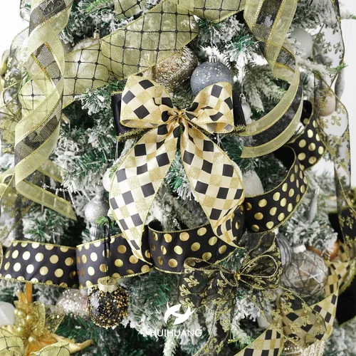 Vista 4 de HUIHUANG Cinta negra con alambre para árbol de Navidad, cintas de Navidad negras y doradas para decoración de árboles, lazos, coronas, guirnaldas