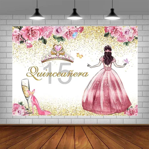 Vista 4 de SENDY Telón de fondo de quinceañera de 8 x 6 pies para niña, feliz cumpleaños 15, flores rosadas, tacones altos, corona, princesa, decoración