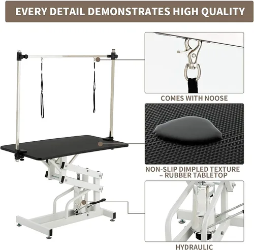 Vista 3 de Mesa hidráulica de aseo para mascotas con brazo ajustable, estructura de elevación en Z, carga máxima, 330 libras, mesa profesional de aseo