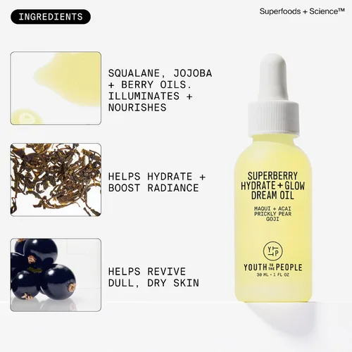 Vista 5 de Youth To The People Superberry Hydrate + Glow Dream - Aceite facial que revive la piel opaca y seca, aumenta la luminosidad, hidratante, fórmula