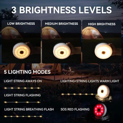 Vista 3 de Guirnalda de luces solares para campamento, 39.4 pies, portátil, impermeable, con 8 modos de iluminación, funciona con energía solar y recargable