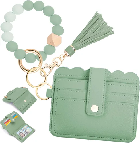 Vista 33 de Cartera de pulsera para mujer con llavero – Tarjetero RFID pequeña cartera con llavero Beige