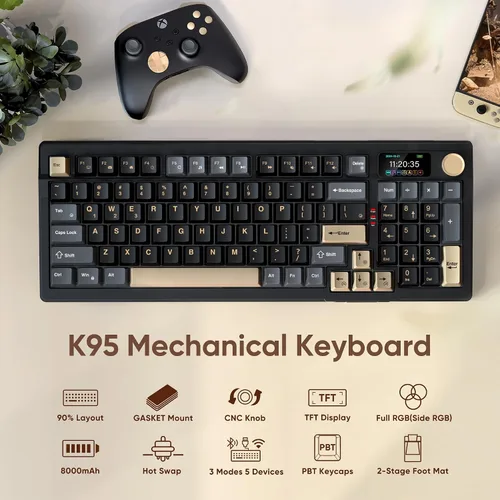 Vista 2 de RedThunder Teclado mecánico inalámbrico K95, pantalla y perilla TFT, Tri-Mode BT5.02.4GHzUSB-C intercambiable en caliente personalizado