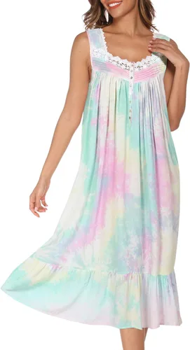 Vista 27 de AVIIER Camisones de algodón para mujer, sin mangas, vestido de casa largo con bolsillos, S-XXL Flor negra