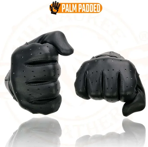 Vista 6 de Milwaukee Leather MG7710 - Guantes de mano para motocicleta de piel perforada negra con trabillas para muñeca