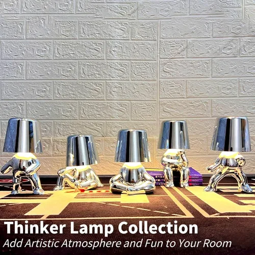 Vista 5 de Thinker Lamp Collection - Lámpara de mesa inalámbrica con estatua de señor plateado, bonita lámpara de escritorio, funciona con pilas, regulable