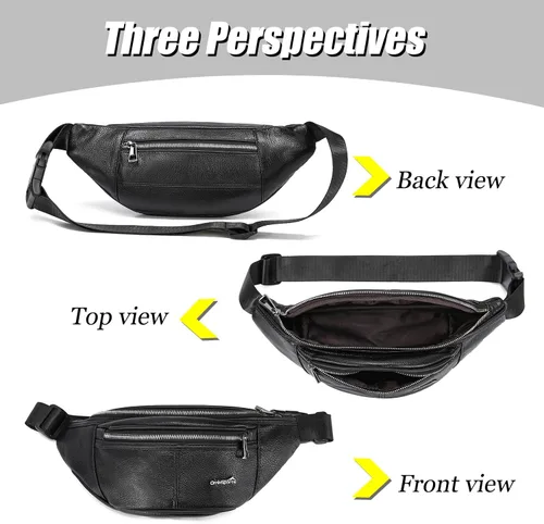 Vista 7 de Riñonera de cuero negro para hombres y mujeres, bolsa de cintura de cuero genuino con correa ajustable para caminar, senderismo, ciclismo, C805#Negro
