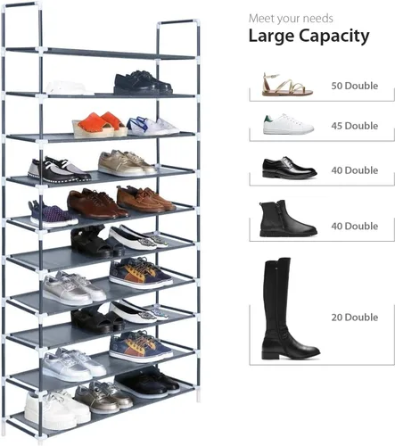 Vista 4 de Zapatero de 10 niveles, organizador de zapatos de tela no tejida, armario de torre de almacenamiento de zapatos, 50 pares, estante para zapatos