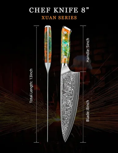 Vista 3 de Cuchillo de chef de 8 pulgadas, serie Xuan, VG10, cuchillo de cocina de acero Damasco, mango de resina (naranja fantasía)