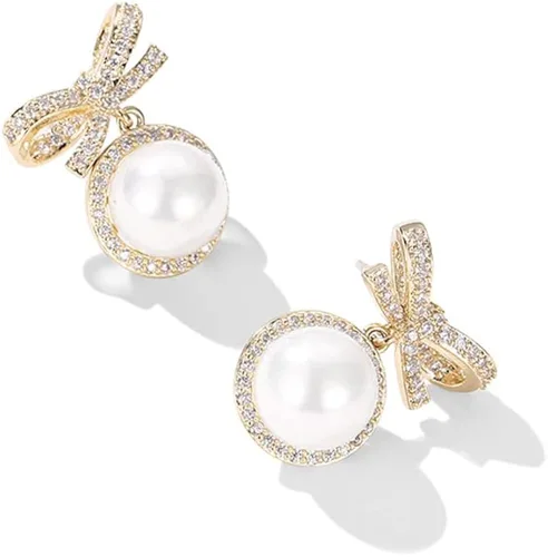 Vista 6 de MIKAMU Aretes de lazo de oro de 14 quilates para mujer, circonita cúbica, delicados aretes de perlas chapados en oro para mujer, joyería de regalo