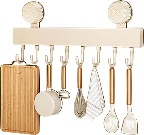 Vista 7 de Ganchos de pared de cocina con 8 ganchos – Soporte organizador de utensilios de cocina montado en la pared para colgar ollas, sartenes, toallas