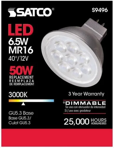 Vista 3 de Satco Lighting - Bombillas LED MR16 de bajo voltaje regulables de 6,5 W, blanco suave de 3000 K, ángulo de haz de 40 grados, base GU5.3, 12 voltios