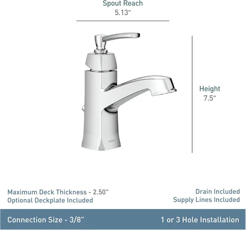 Vista 3 de Moen Conway WS84923 - Grifo de baño cromado de un solo orificio o centro con conjunto de drenaje, cromado