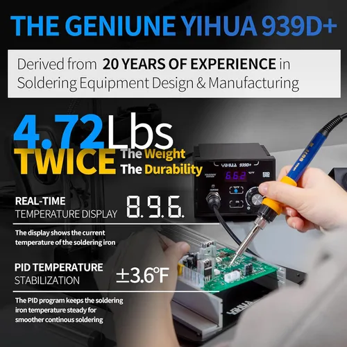 Vista 5 de YIHUA Paquete de estación de soldadura profesional 939D+ con tapete de reparación electrónica M180 de 17.32 x 12.20 pulgadas con soporte de hierro