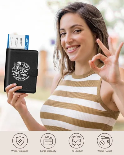 Vista 6 de Slohif Funda para pasaporte para viajes, para mujeres y hombres, bloqueo RFID, protector de pasaporte para tarjetas de tarjeta de embarque, Negro