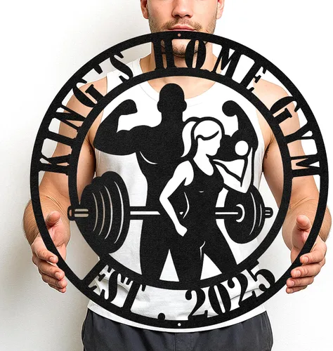 Vista 29 de Cartel de metal personalizado para gimnasio con nombre, arte de pared para sala de entrenamiento en casa, garaje, espacio de fitness, decoración