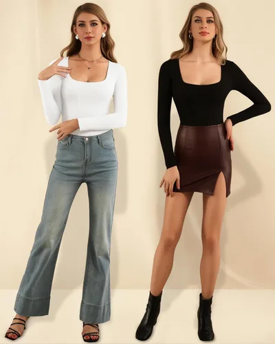Vista 5 de MANGOPOP Square Neck Body Suits for Womens Long Sleeve Black Bodysuit Tops