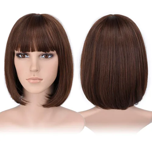 Vista 22 de Pelucas Bob con flequillo, peluca de cabello castaño rojizo de 10 Caoba