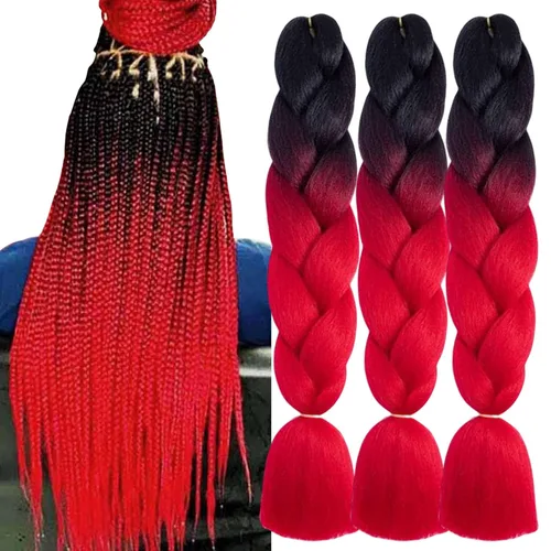 Vista 11 de 3 paquetes de extensiones de cabello sintético para trenzar de color negro a azul, tamaño jumbo ombré, de 24 pulgadas o trenzas de ganchillo