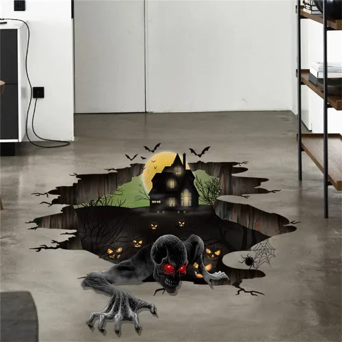 Vista 2 de Calcomanías 3D para techo de piso de Halloween, calcomanías creativas de pared de fantasmas de terror, calcomanías de pared de castillo antiguo