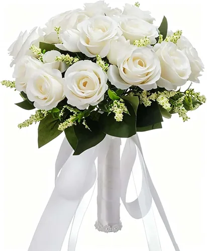 Vista 10 de CYANLUX Ramos de Bodas para Novia y Dama de Honor, Ramos de Champán, Rosas Artificiales Blancas para Bodas, San Valentín, Iglesia, Decoración