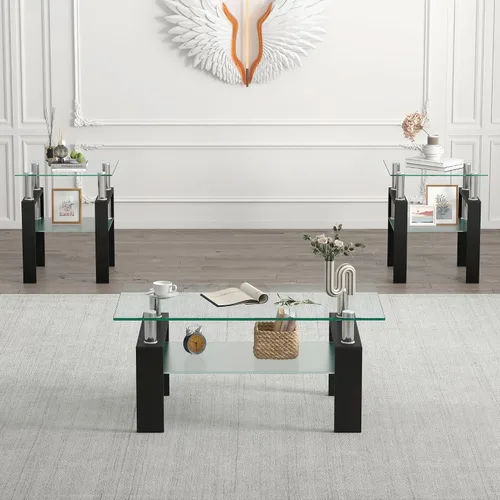 Vista 9 de Juego de 3 mesas de centro de cristal, mesas de sala de estar de 3 piezas con vidrio templado y marco de metal, juegos de mesa auxiliar y mesa Negro