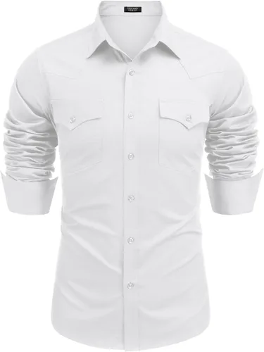 Vista 12 de COOFANDY Camisa vaquera de manga larga para hombre, de algodón, con botones, estilo casual, con bolsillos 01-Negro