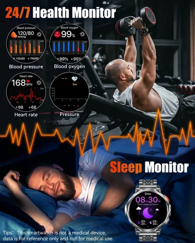 Vista 5 de Relojes inteligentes militares para hombres con llamada Bluetooth, pantalla HD de 1.85 pulgadas, reloj inteligente impermeable con linterna, 114