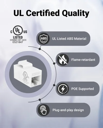 Vista 2 de VCE Paquete de 25 acopladores Keystone RJ45 CAT6 con certificación UL, acoplador hembra a hembra, acoplador en línea UTP CAT6 Keystone blanco