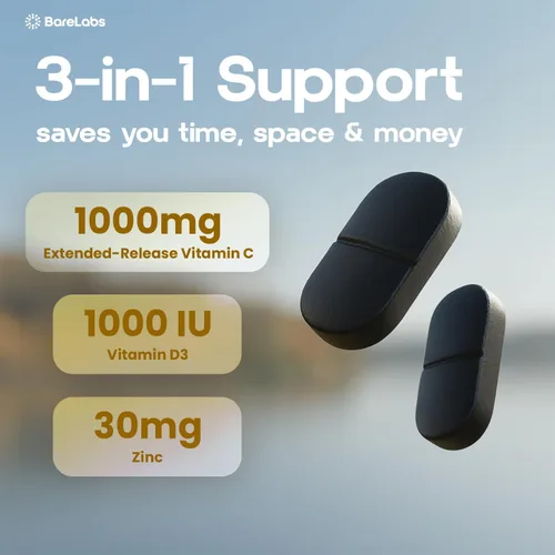 Vista 3 de Time Release Vitamina C 1000 mg + Vitamina D3 1000 UI + Zinc 30 mg Apoyo inmunológico y refuerzo de colágeno Sin OMG, antioxidante durante todo